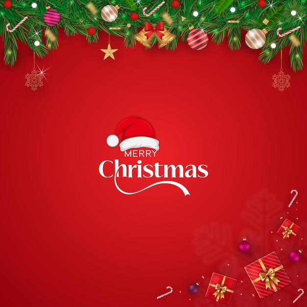 Feliz Navidad Con fondo rojo con borde festivo y sombrero de Papá Noel