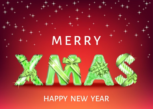 Feliz Navidad fondo rojo con letras decorativas verdes con lazo de regalo, cinta. Texto de Navidad. Decoración de vacaciones de invierno. Plantilla de tarjeta de felicitación de vector.