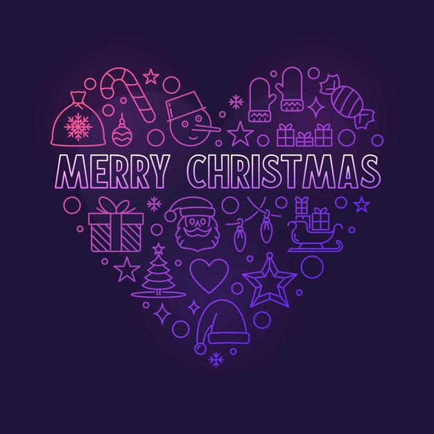 Feliz Navidad en forma de corazón vector lineal color ilustración