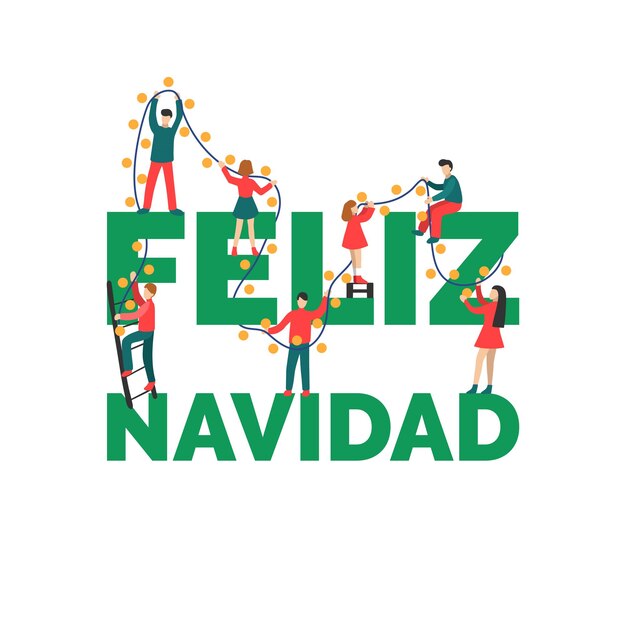 Feliz navidad frase escrita a mano traducida del español feliz navidad gente plana decorando con luces de hadas