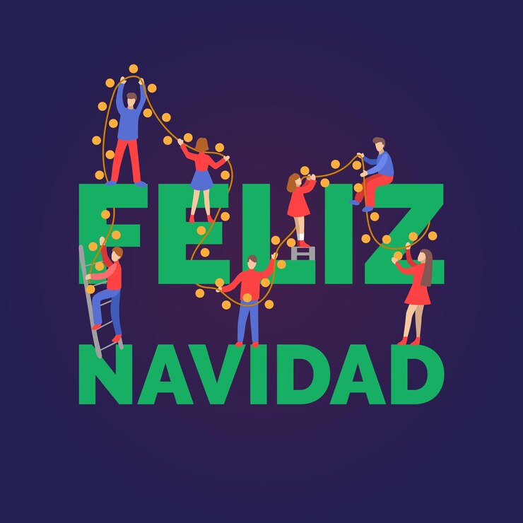 Vector feliz navidad frase escrita a mano traducida del español feliz navidad gente plana decorando con luces de hadas