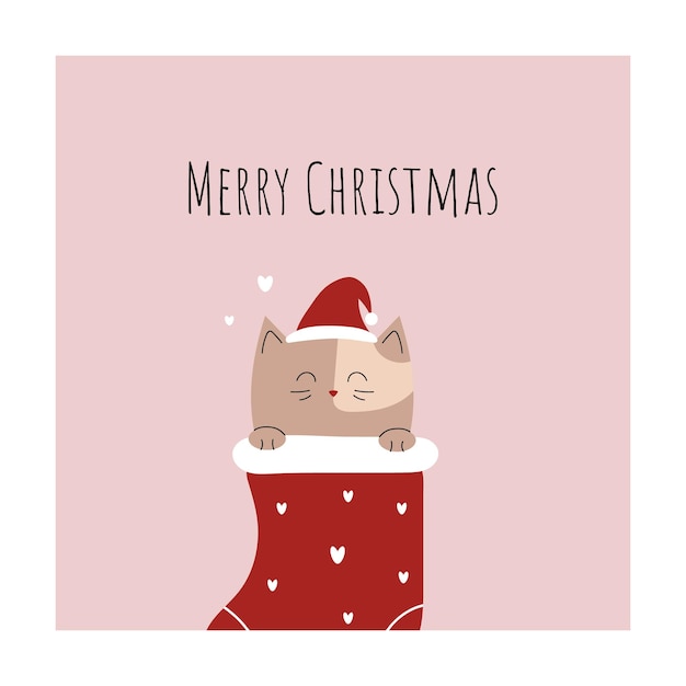 Feliz Navidad Gato lindo en un calcetín en un sombrero de Santa Tarjeta de felicitación tarjeta postal minimalista estado de ánimo de invierno