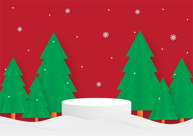 feliz navidad geometría forma podio con árbol de navidad tarjeta de corte de papel fondo rojo presentación del stand del producto con estilo minimalista