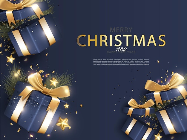 Feliz Navidad con una hermosa decoración de caja de regalo en 3D.