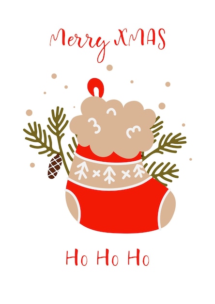 Feliz Navidad y ho ho ho ho vector tarjeta de felicitación con linda bota roja de navidad