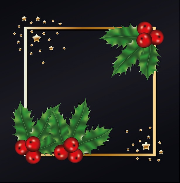 Feliz navidad hojea con cerezas y estrellas en fondo de marco dorado