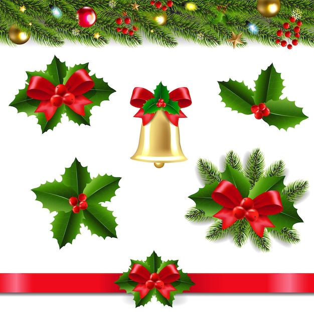 Vector feliz navidad con holly berry conjunto con ilustración vectorial de malla gradiente
