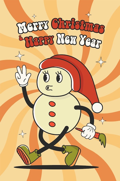 Feliz Navidad Hombre de Nieve Estilo de dibujos animados Tarjetas de felicitación plantilla carteles fiesta años 70 años 60 años Groovy vintage