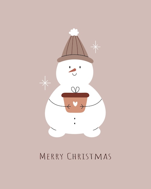 Feliz Navidad Hombre de nieve lindo con caja de regalo Tarjeta de felicitación cartel postal minimalista Ilustración vectorial