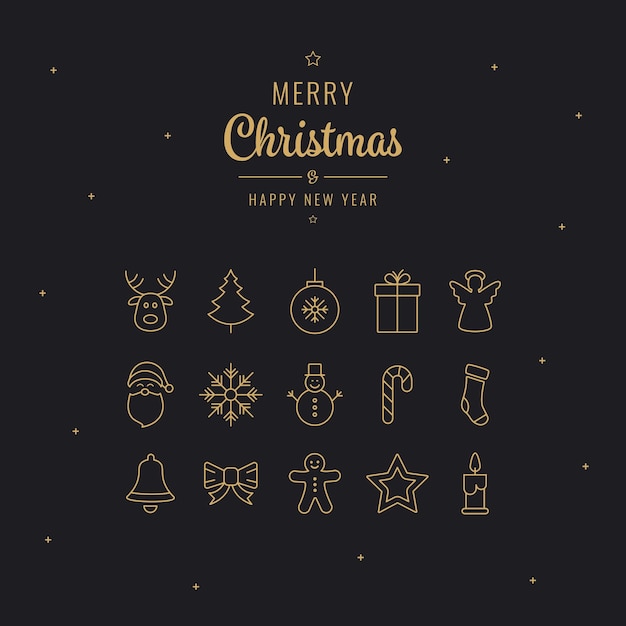 Feliz Navidad iconas de línea blanca dorada saludando fondo de noche azul