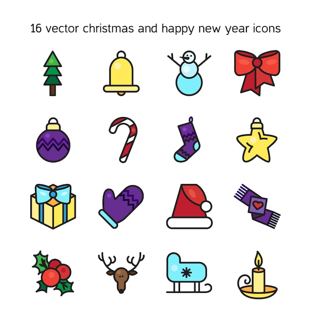 Feliz Navidad iconos conjunto. Feliz año nuevo simbolos Signos de vacaciones de invierno. Vector