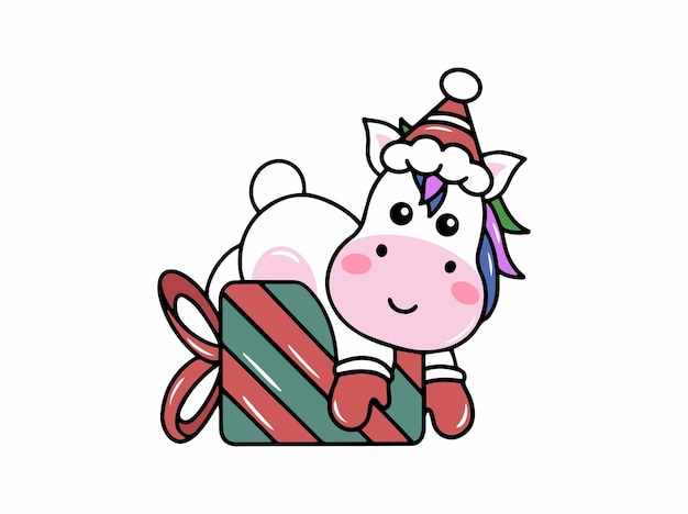 Feliz Navidad con la ilustración de dibujos animados del unicornio