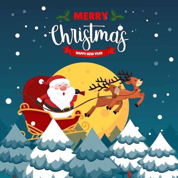 Feliz Navidad Ilustración del diseño de tarjetas de felicitación con nieve de ciervo de Santa y árboles de Navidad