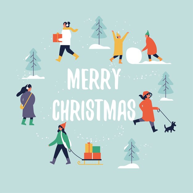 Feliz Navidad. ilustración con gente disfrutando de su tiempo al aire libre en el parque. Recreación de la temporada navideña