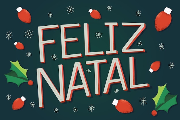 Feliz Navidad Ilustración en portugués brasileño con luces navideñas y fondo verde Ice Flake Traducción Feliz Navidad