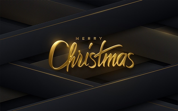 Feliz navidad. ilustración vectorial 3d. letras doradas festivas sobre fondo de papercut negro. formas geométricas de papel con patrón lineal dorado. diseño de banner festivo. signo de evento religioso cristiano