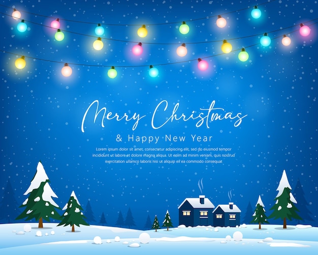 Feliz Navidad invierno tarjeta de felicitación bombilla luz casa árbol y nieve fondo azul