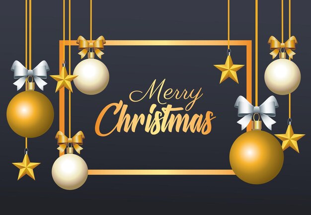 Feliz navidad letras doradas con bolas y estrellas colgando ilustración