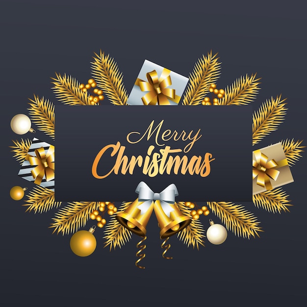 Feliz navidad letras doradas con regalos y campanas en la ilustración de marco de abetos