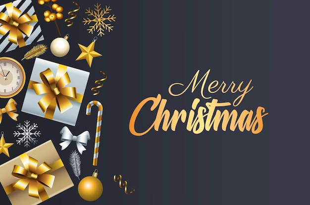 Feliz navidad letras doradas con regalos e iconos decorativos ilustración