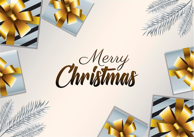 Feliz navidad letras doradas con regalos presenta ilustración
