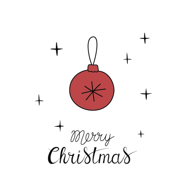 Feliz Navidad con letras escritas a mano y bola de árbol de Navidad roja sobre un fondo blanco