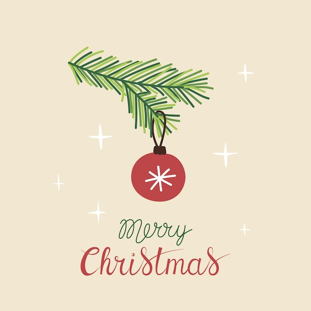 Feliz Navidad con letras escritas a mano y rama de árbol de Navidad con decoración de bola roja