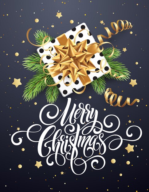 Feliz Navidad letras de escritura a mano, tarjeta de felicitación de Navidad con un regalo, serpentinas y confeti.