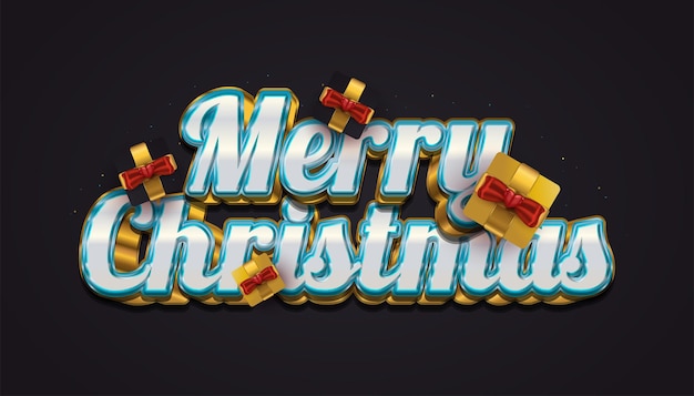 Vector feliz navidad con letras de lujo en 3d y elegante caja de regalo en negro y dorado