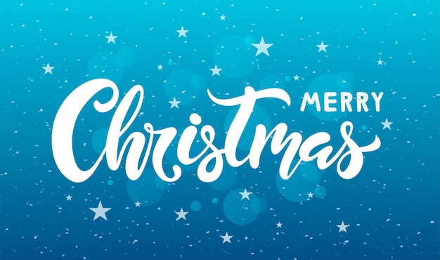 Feliz Navidad letras sobre fondo azul con estrellas para tarjetas de felicitación. Ilustración de vector.