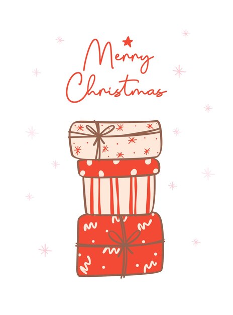 Feliz Navidad con una linda y kawaii ilustración de doodle un montón de regalos Cute Kawaii Doodle Illustration