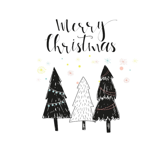 Feliz Navidad linda tarjeta de felicitación con árbol. Estilo escandinavo de carteles para invitación, habitación infantil, decoración infantil, diseño de interiores.