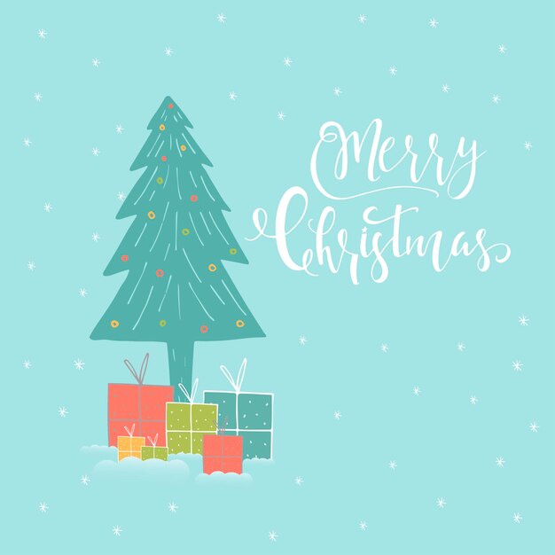 Feliz Navidad linda tarjeta de felicitación con bosque, árbol, letras para regalos. Estilo dibujado a mano de carteles para invitación, habitación de niños, decoración de guardería, diseño de interiores.