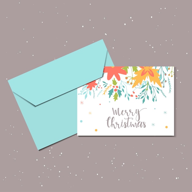 Feliz Navidad linda tarjeta de felicitación con flores y sobre para el presente. Estilo dibujado a mano de carteles para invitación, habitación de niños, decoración de guardería, diseño de interiores. Plantilla de vector.