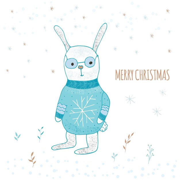 Feliz Navidad linda tarjeta de felicitación con liebre para el presente. Estilo escrito a mano, para invitación de vacaciones, habitación de niños, decoración de guardería, diseño de interiores, invitación a fiesta, portada de libro