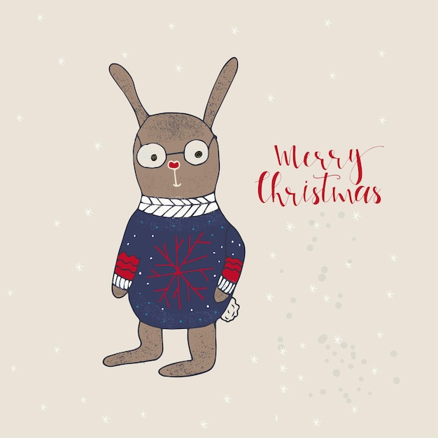 Feliz Navidad linda tarjeta de felicitación con liebre para el presente. Estilo escrito a mano, para invitación de vacaciones, habitación de niños, decoración de guardería, diseño de interiores, invitación a fiesta, portada de libro