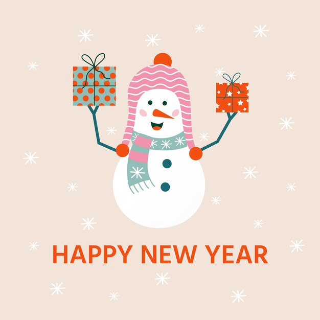Feliz Navidad linda tarjeta de felicitación con muñeco de nieve y copos de nieve para regalos de feliz año nuevo. Estilo escandinavo de carteles para invitación, habitación infantil, decoración infantil, diseños de interiores.
