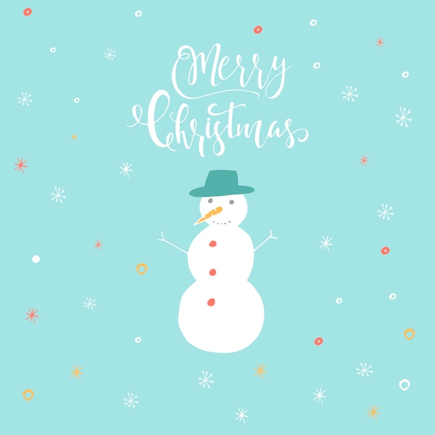 Feliz Navidad linda tarjeta de felicitación con muñeco de nieve para regalos. Estilo dibujado a mano de carteles para invitación, habitación de niños, decoración de guardería, diseño de interiores.