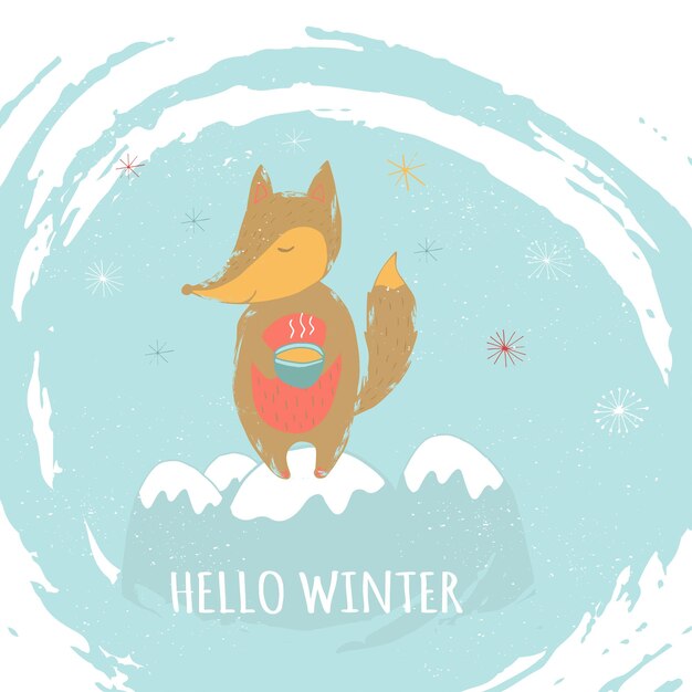 Feliz Navidad linda tarjeta de felicitación con zorro para regalos. Estilo dibujado a mano de carteles para invitación, habitación de niños, decoración de guardería, diseño de interiores.
