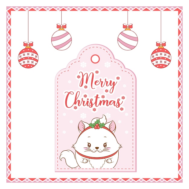 Feliz navidad lindo dibujo de gato con etiqueta de tarjeta de frutos rojos para la temporada de invierno con adornos para colorear