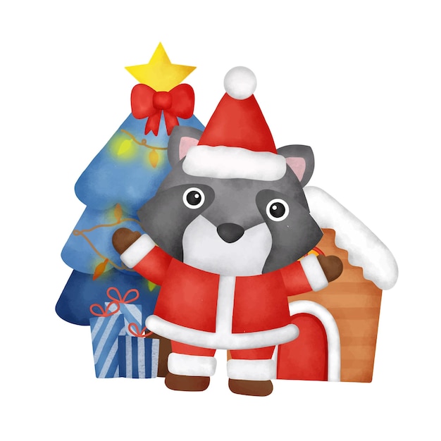 Vector feliz navidad con un lindo mapache y elementos navideños.