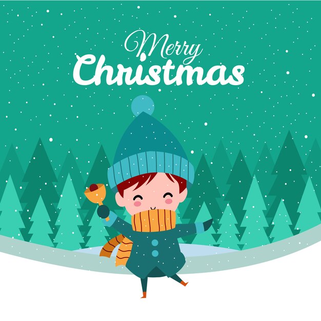 Feliz Navidad con lindo niño Kawaii dibujado a mano con traje de invierno