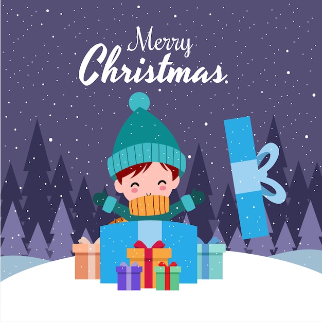 Feliz Navidad con lindo niño Kawaii dibujado a mano con traje de invierno