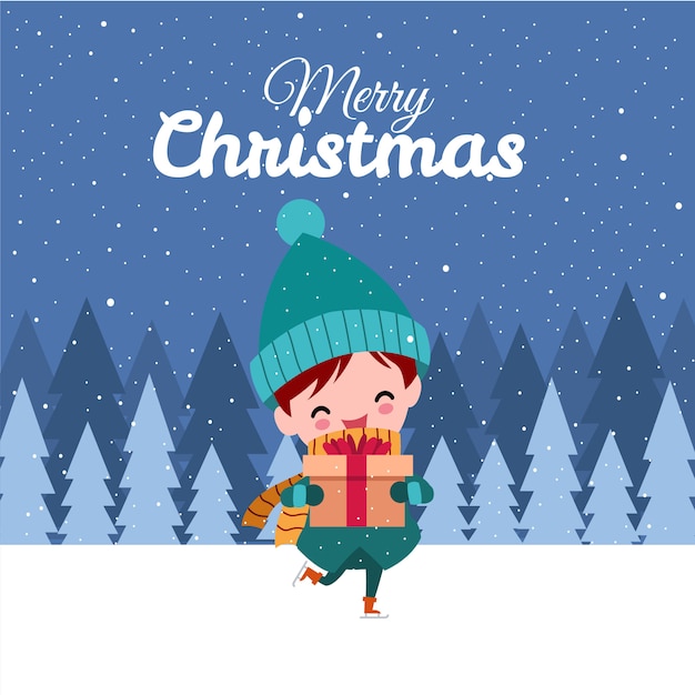 Feliz Navidad con lindo niño Kawaii dibujado a mano con traje de invierno
