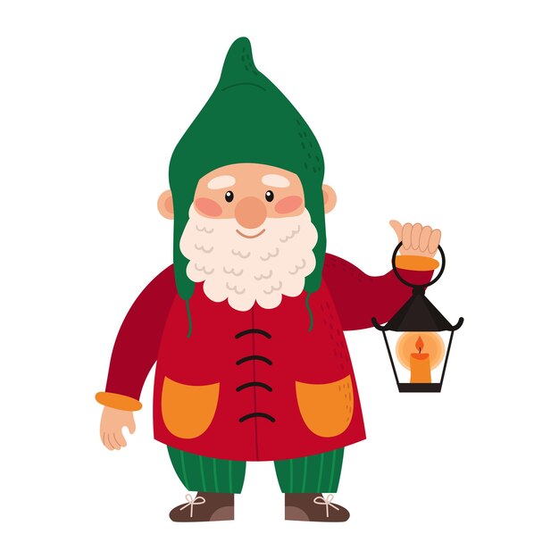 Feliz navidad lindo pequeño gnomo con barba. Enano elfo lindo sostiene una linterna. Ilustración vectorial floral coloreada del personaje de cuento de hadas aislado sobre fondo blanco.