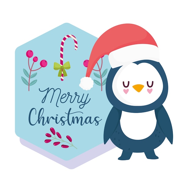Feliz Navidad, lindo pingüino con sombrero, ilustración de vector de tarjeta de invitación