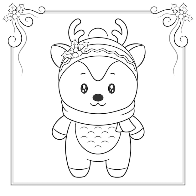 Feliz Navidad lindo reno con bufanda dibujo boceto para colorear