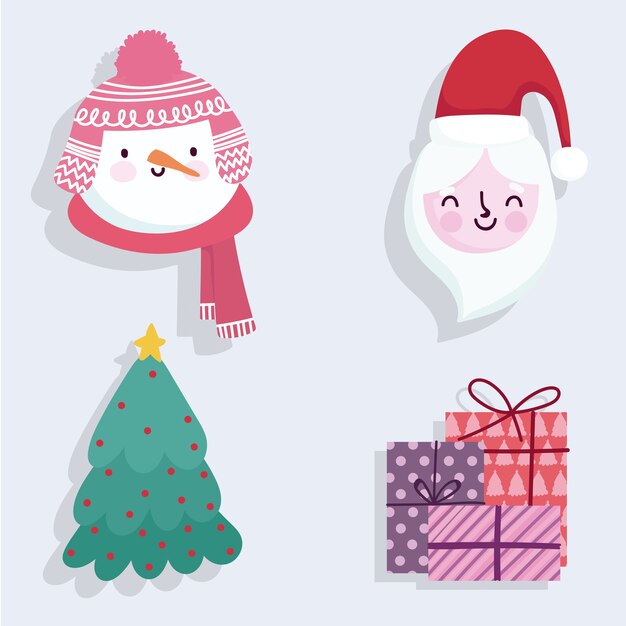 Feliz navidad lindo santa muñeco de nieve regalos e iconos de árbol