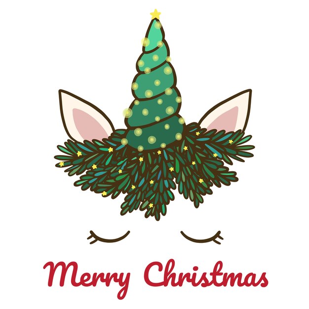 Feliz navidad con lindo unicornio y cuerno.