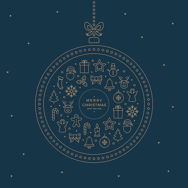 Feliz Navidad línea iconos elementos oro azul